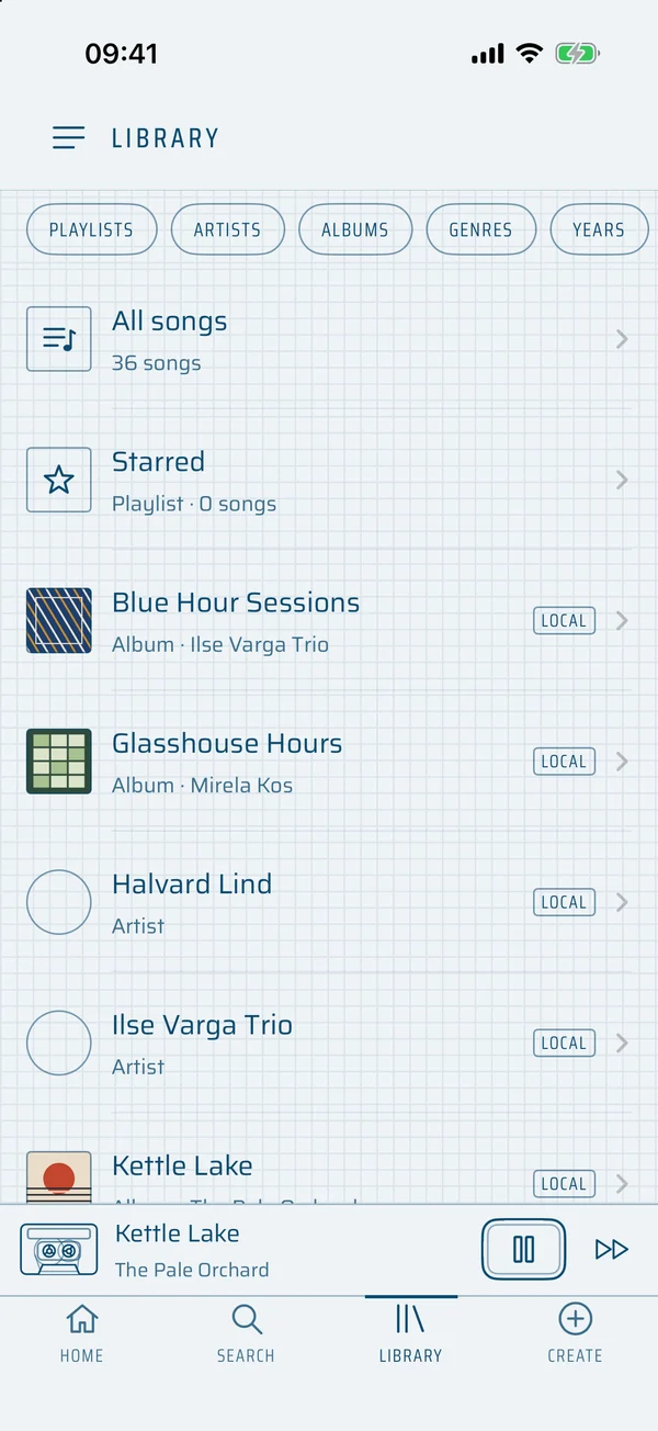 The Library: All songs, Starred, then albums and artists, each marked LOCAL or with its server.