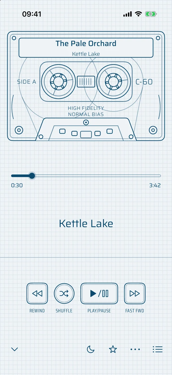 MiniJack's Now Playing screen: a cassette drawn in blueprint lines with the artist and album on its label, the scrubber, and the deck keys.