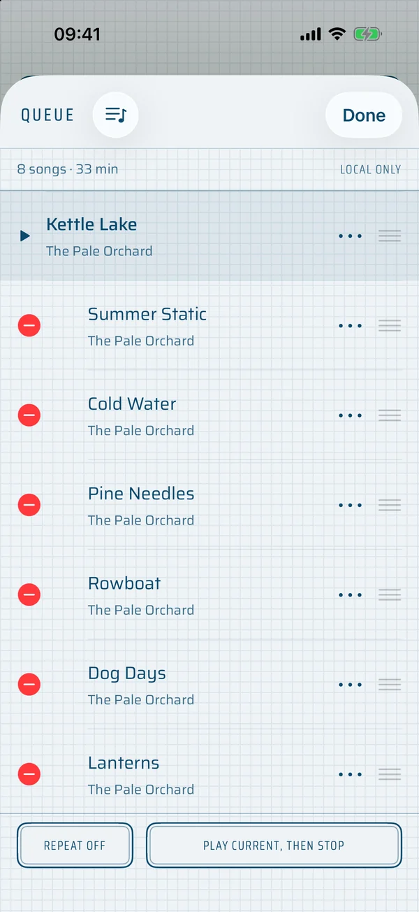 The Queue: the playing song, then the songs after it with reorder handles.